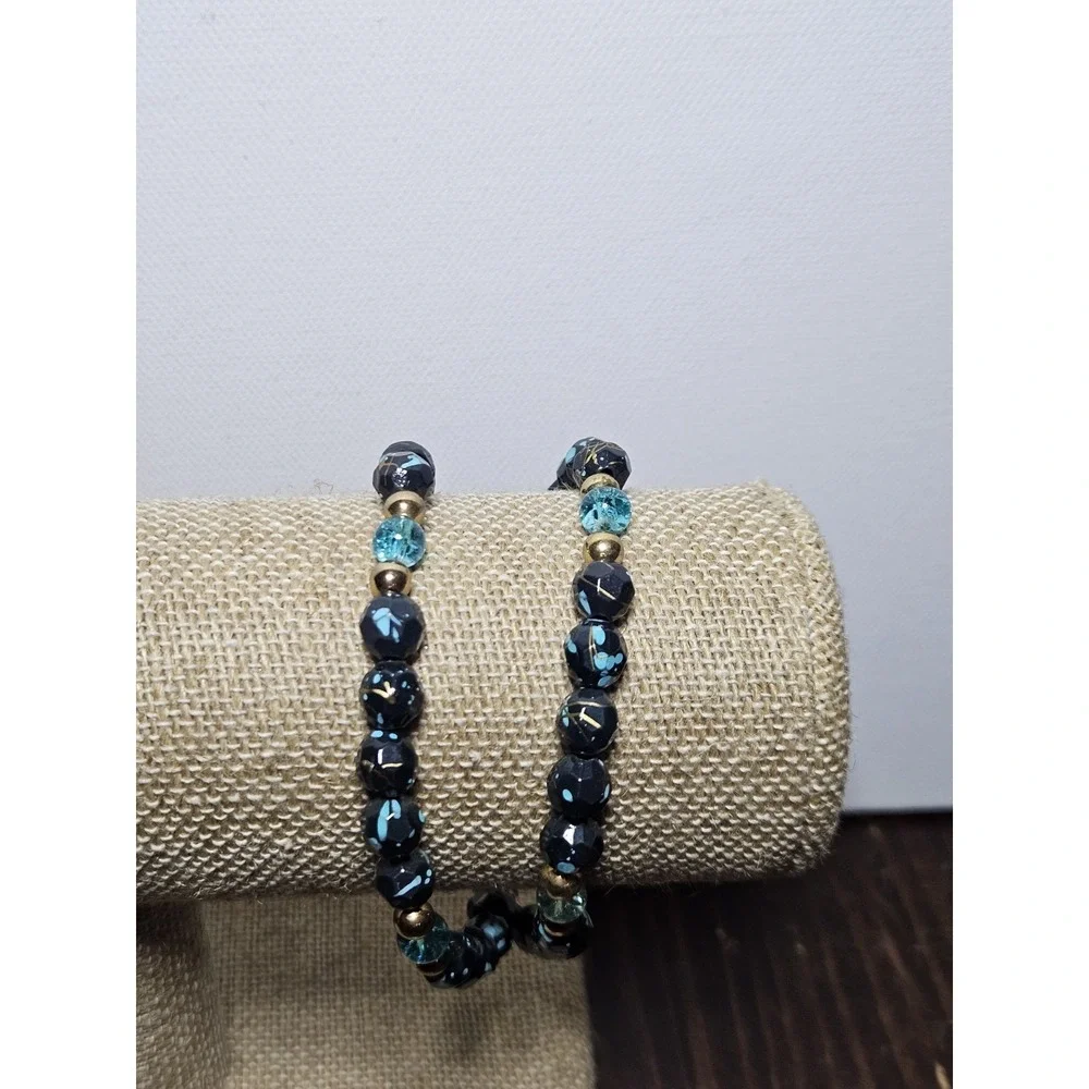 Vintage 2 Strand Bead Bracelet Black Turquoise Gold Splatter Lightweight Boho